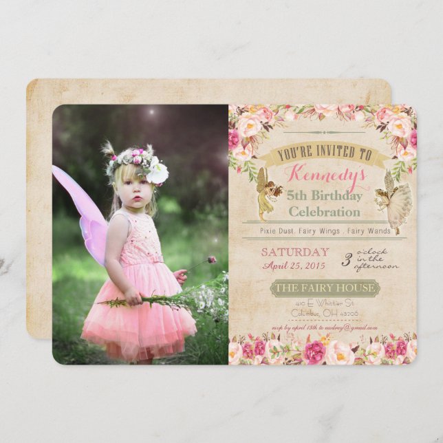 Convites QUALQUER IDADE - Foto Vintage Fairy Invitation Ani (Frente/Verso)