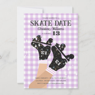 Convites Qualquer idade Gingham Lilac Disco Roller Skate An