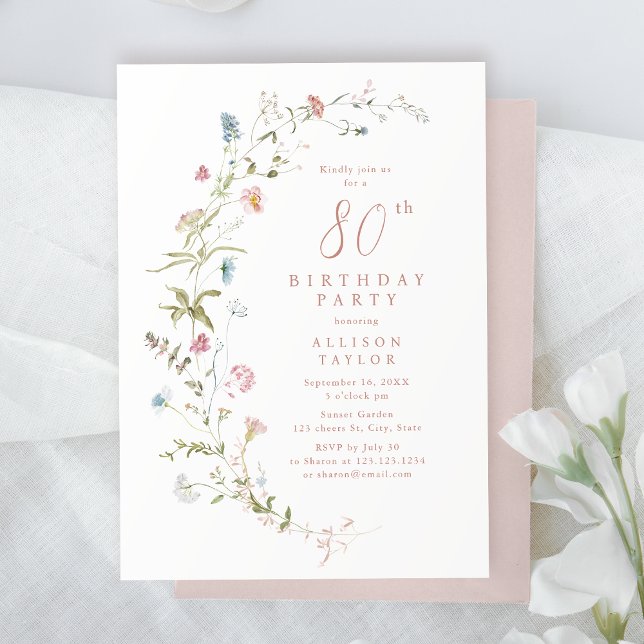 Convites Qualquer Idade, Rosa Rosa, 80 de Flor Selvagem, An (Any Age Dusty Pink Wildflower Boho 80th Birthday Invitation)