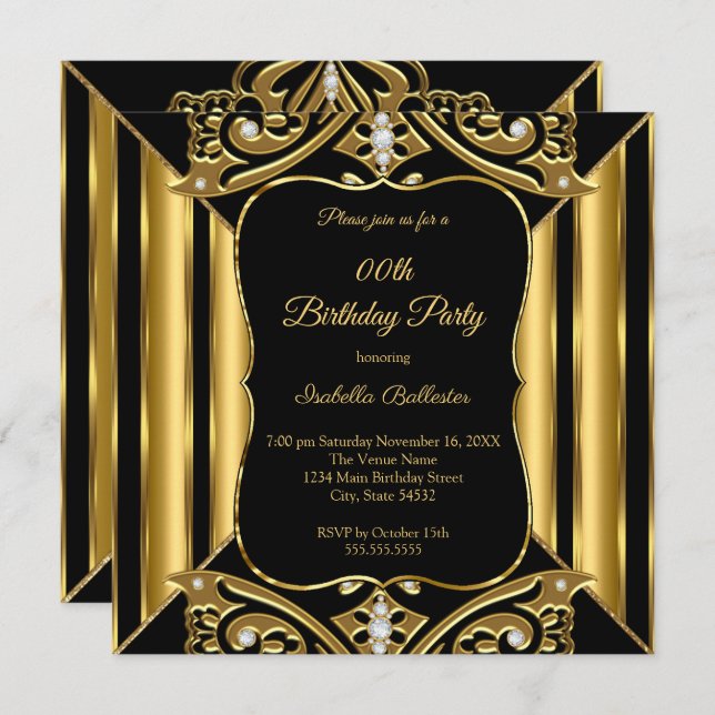 Convites Qualquer imagem de Diamante Preto Dourado com Fest (Frente/Verso)