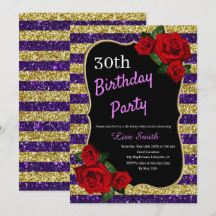 Convites Qualquer Rosa vermelha Roxo E Dourada De Aniversár