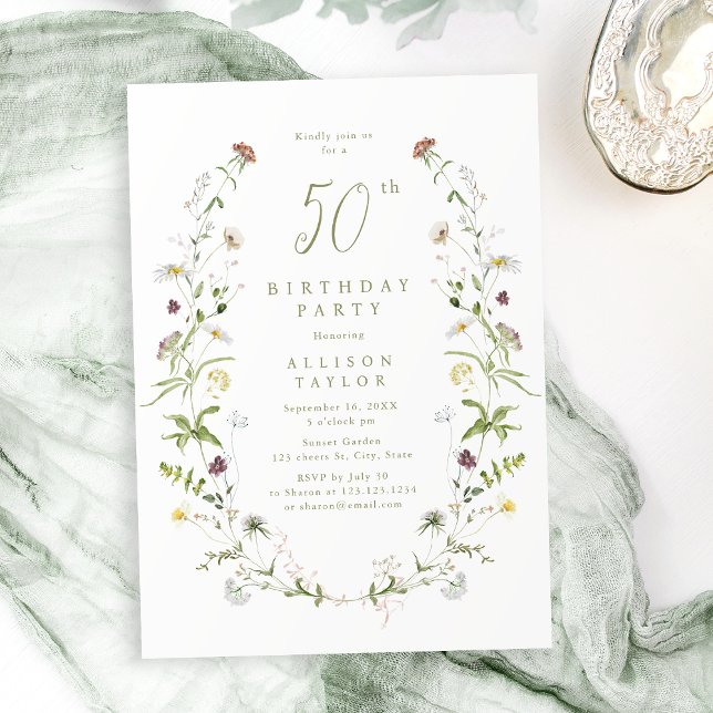 Convites Qualquer sábado Rustic Boho 50º Aniversário (Any Age Sage Wildflower Rustic Boho 50th Birthday Invitation)