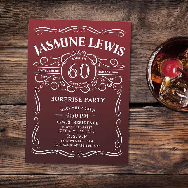 Convites Qualquer uísque burgundy de idade surpreende 60 an (Any Age burgundy whiskey surprise 60th birthday Invitation)