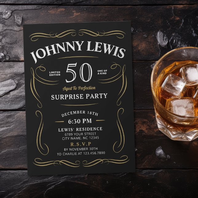 Convites Qualquer uísque etário temia surpresa 50 anos (Any age whiskey themed surprise 50th birthday invitation)