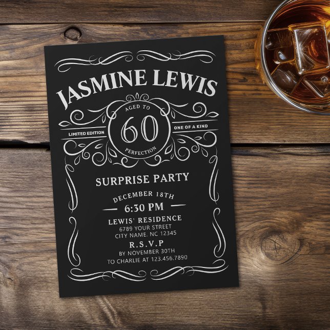 Convites Qualquer Whiskey de idade temia surpresa 60 anos (Any Age Whiskey themed surprise 60th birthday Invitation)