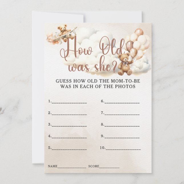 Convites QUANTOS ANOS ELA TINHA Chá de fraldas Jogo Urso Bo (Frente)