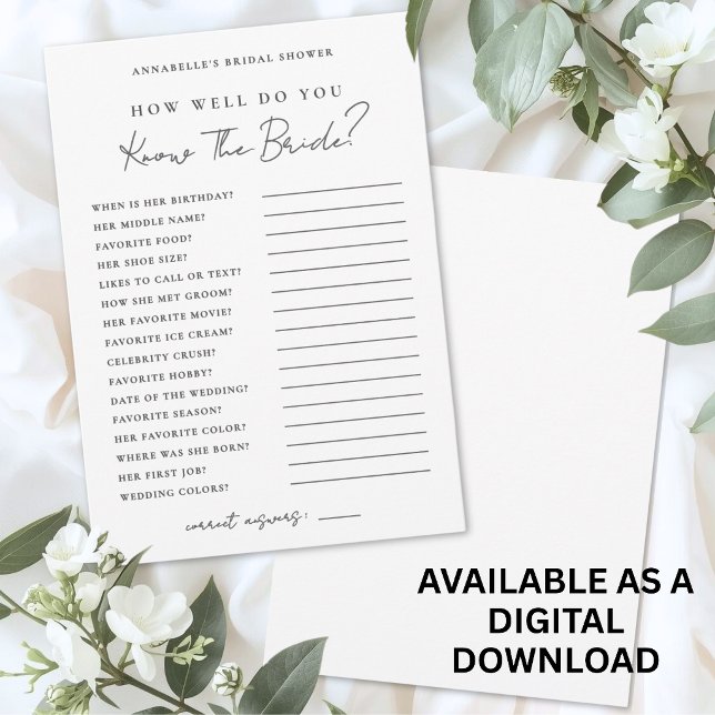 Convites Quão Bem Você Conhece a Noiva Jogo para Chá de Noi (How Well Do You Know The Bride Bridal Shower Game Invitation)