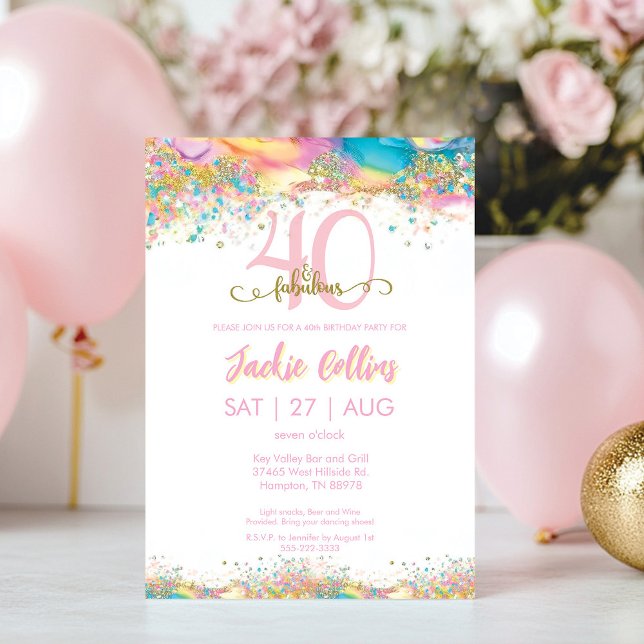 Convites Quarenta e Festa de aniversário fabulosa (Forty and Fabulous Rainbow and Gold 40th Birthday Invitation)