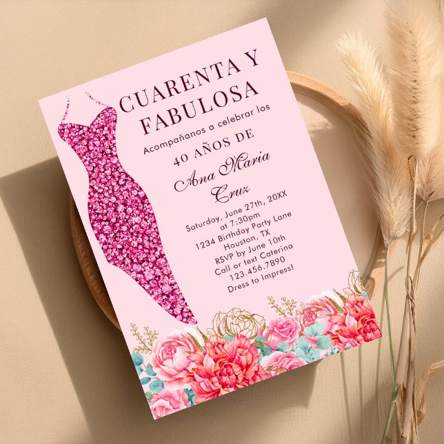 Convites Quarenta & Fabuloso Flores Rosa Espanhol Aniversár (Criador carregado)