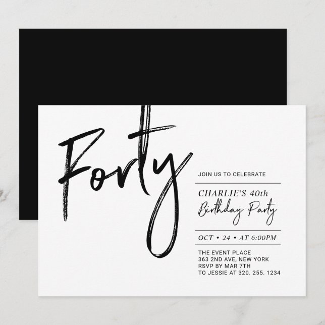 Convites Quarenta | Festa de Aniversário Preto e Branco Mod (Frente/Verso)
