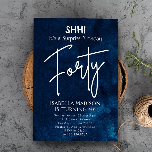 Convites Quarenta | Marinho Blue aniversário de 40 anos Sur (Forty | Navy Blue 40th Birthday Surprise Party Invitation
)