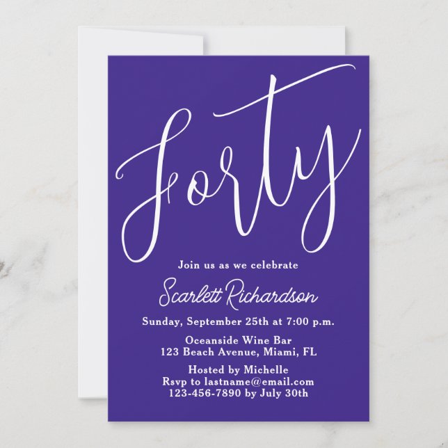 Convites Quarenta Modern Script Purple aniversário de 40 an (Frente)