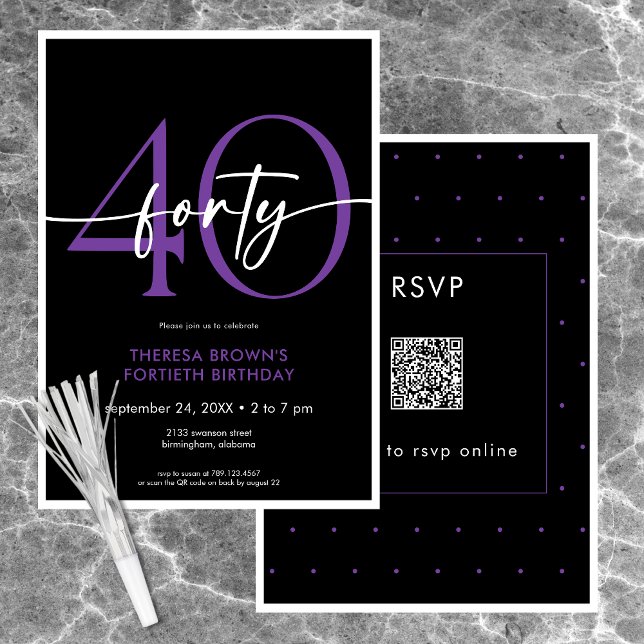 Convites Quarenta Script Mínimo Moderno Roxo QR (Modern Minimal Purple Forty Script Birthday QR Invitation)