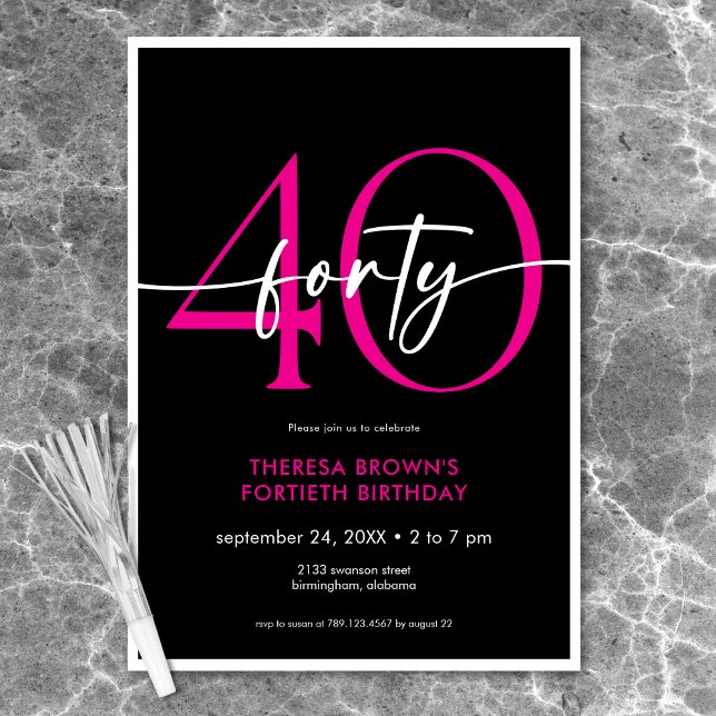 Convites Quarenta Script Mínimo Rosa Moderno - Aniversário (Modern Minimal Pink Forty Script Birthday Invitation)