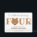 Convites Quarto Aniversário do Bear Animal Kids<br><div class="desc">Um convite para o aniversário de 4 anos. Este convite é castanho e branco, com a palavra "Quatro" em letras grandes, ilustrando o rosto do urso como a segunda letra da palavra. Simplesmente personalize este convite, adicione-o ao seu carrinho, e feliz aniversário para a sua maravilhosa criança de quatro anos!...</div>