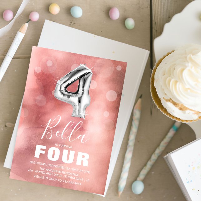 Convites Quarto Aniversário do Silver Balão | Festa rosa (Criador carregado)