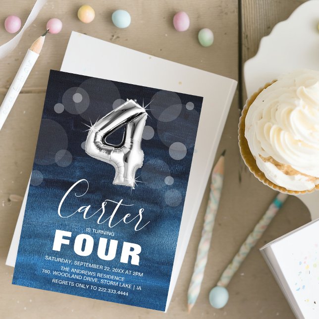 Convites Quarto Aniversário do Silver Balão | Partido Azul (Criador carregado)