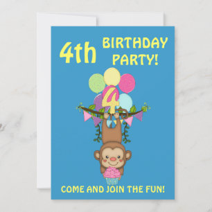 Convites Quarto Aniversário - Macaco Bonito+Balões Colori