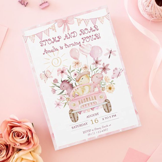 Convites Quarto Dia de Aniversário do Dinossauro Rosa (Criador carregado)