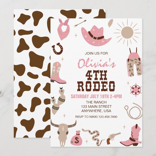 Convites Quarto Rodeio Pink Western Aniversário de 4 anos (Frente/Verso)