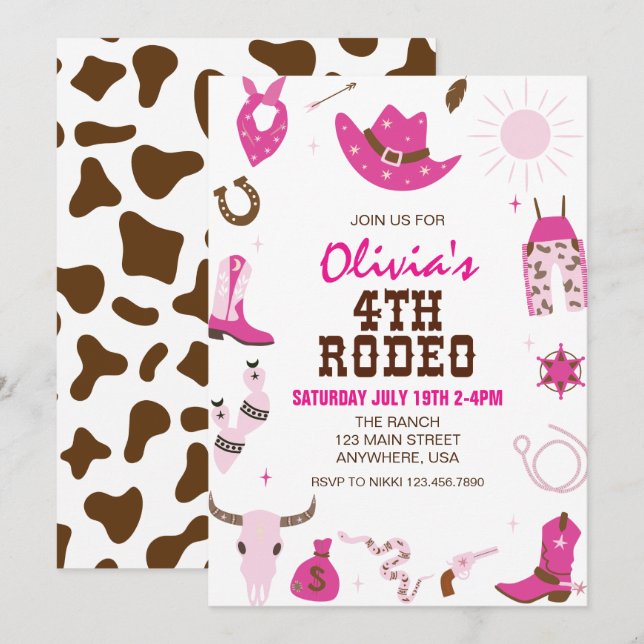Convites Quarto Rodeio Rosa Quente Western 4º Aniversário (Frente/Verso)