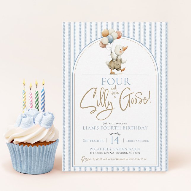 Convites Quatro Bobos Ganhos Bonitos Pinstripe Garoto 4º An (FOUR Silly Goose cute modern arch whimsical ticking pinstripe boy 4th birthday party invitation)