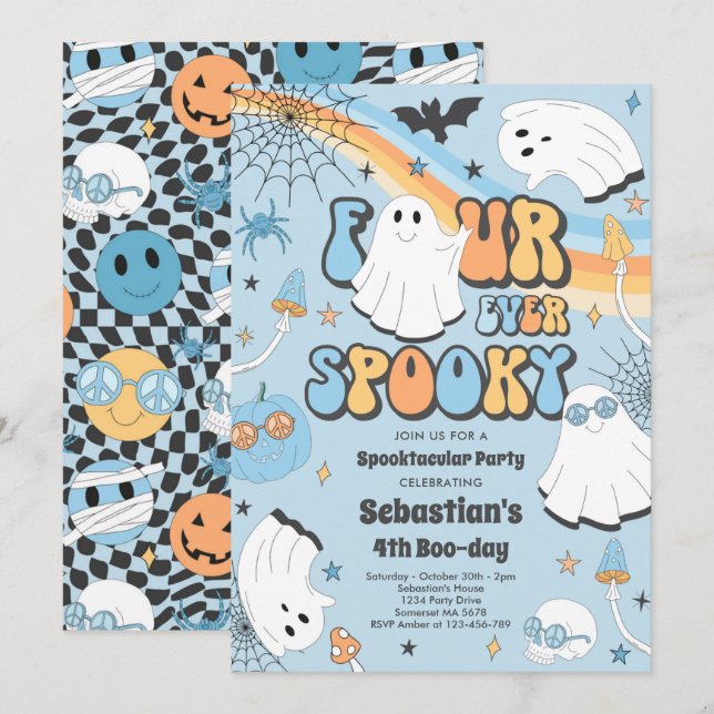 Convites Quatro Eterno Spooky Halloween Groovy Ghost Birthd (Frente/Verso)