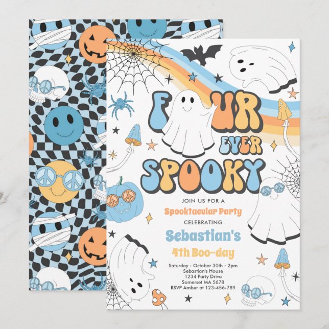 Convites Quatro Eterno Spooky Halloween Groovy Ghost Birthd (Frente/Verso)