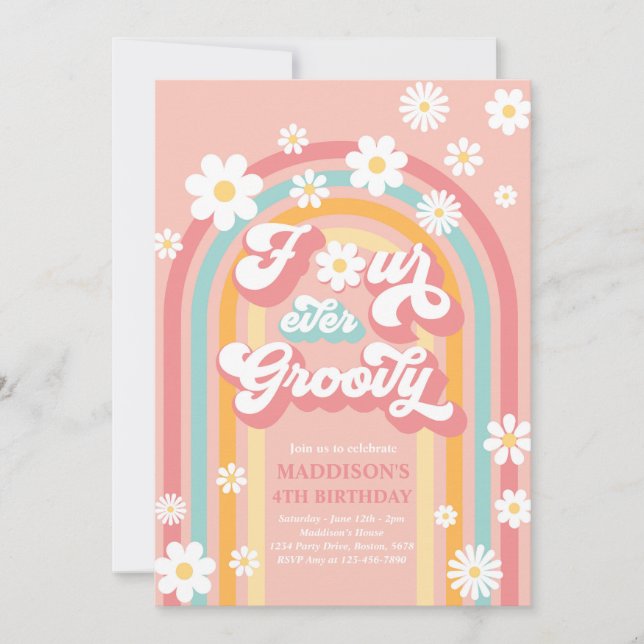 Convites Quatro Ever Groovy Boho Daisy Rainbow 4º Aniversár (Frente)
