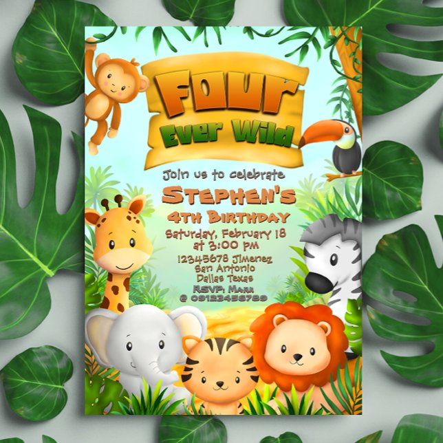 Convites Quatro Ever Wild Safari Aniversário (Four Ever Wild Safari 4th Birthday Invitation)