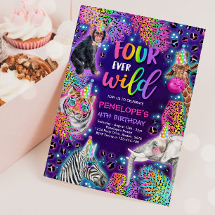Convites Quatro Ever Wild Safari Neon Cheetah Festa de aniv