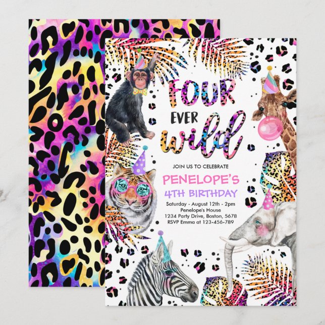 Convites Quatro Ever Wild Safari Rainbow Cheetah 4º Anivers (Frente/Verso)