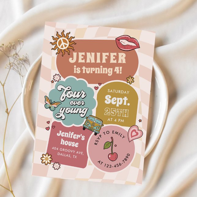 Convites Quatro Ever Young Groovy Daisy 4ª Festa de Anivers (Criador carregado)