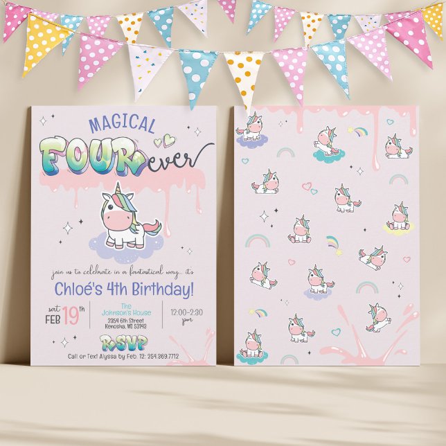 Convites Quatro Garota Magna de Unicórnio, 4° aniversário (Magical Forever cute girly kawaii unicorn rainbow pink purple graffiti magic 4th birthday invitation)