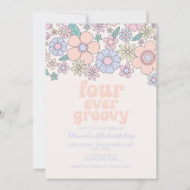 Convites Quatro Groovy Retro Floral para sempre 4º aniversá