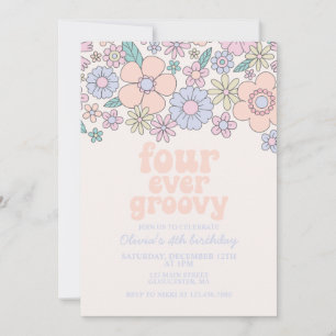 Convites Quatro Groovy Retro Floral para sempre 4º aniversá