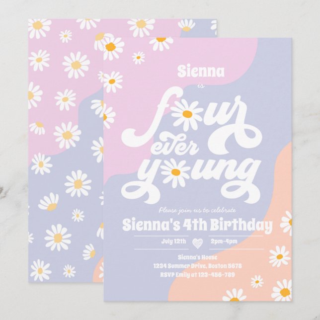 Convites Quatro Jovem 4ª Festa de Aniversário Boho Daisy (Frente/Verso)