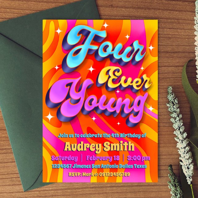 Convites Quatro Jovem 4º Aniversário (Four Ever Young 4th Birthday Groovy Retro Invitation
)