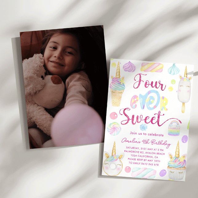 Convites Quatro Menina Doce 4º Aniversário do Unicórnio Doc (Four Ever Sweet Girl 4th Birthday Unicorn Sweets Watercolor Photo Birthday Invitation)