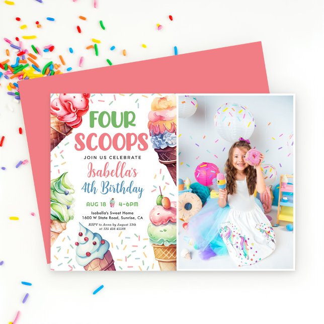 Convites Quatro Meninas Scoops Sorvete 4º Aniversário (Criador carregado)