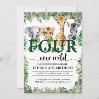 Convites Quatro Selvagens Safari Animais da Selva Aniversár