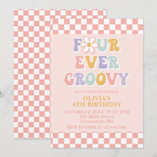 Convites Quatro Sempre Groovy Aniversário Retro Daisy Check