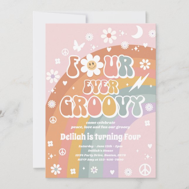 Convites Quatro sempre Groovy Hippie 4ª festa de aniversári (Frente)