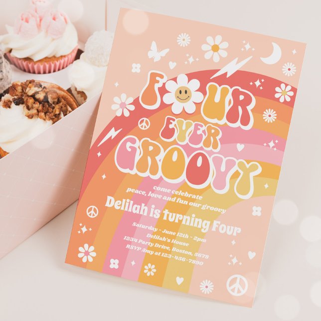 Convites Quatro sempre Groovy Hippie 4ª festa de aniversári (Criador carregado)