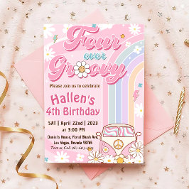 Convites Quatro Vezes Groovy Retro Boho Arco-Íris 4º Aniver