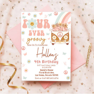 Convites Quatro Vezes Groovy Retro Rainbow 4º aniversário F