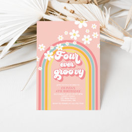 Convites Quatro Vezes Groovy Retro Rainbow 4.º Aniversário