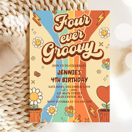 Convites Quatro Vezes Groovy Retro Rainbow 4.º Aniversário