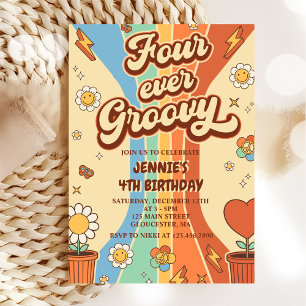 Convites Quatro Vezes Groovy Retro Rainbow 4.º Aniversário