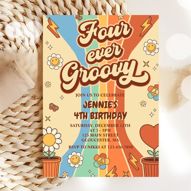 Convites Quatro Vezes Groovy Retro Rainbow 4.º Aniversário (Criador carregado)